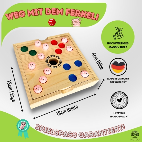Weg mit dem Ferkel! – Lustiges Holz Würfelspiel 60 Schweinchen 