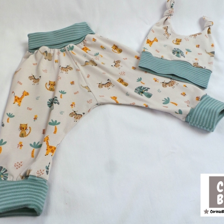 Babyset Hose und Mütze beige Tiere Gr. 62/68