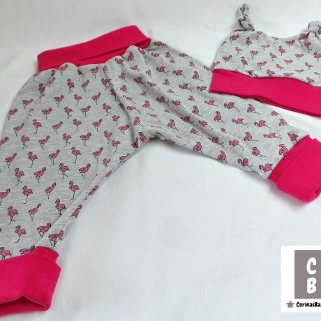 Babyset Hose und Mütze Flamingo grau pink Gr. 62/68