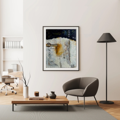 Mixed Media, Leinwand, Abstrakte Acrylmalerei, blau weiß orange