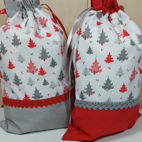 Super schöne Weihnachtssäckchen Tannenbäume in grau/rot