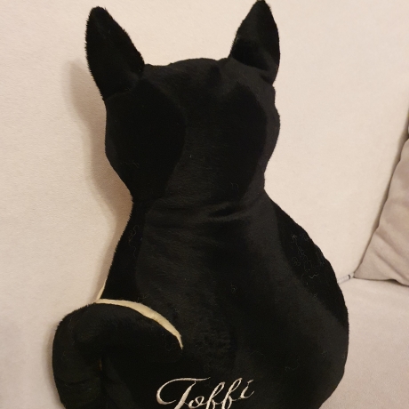 kleiner schwarzer Kater, personalisiertes Kuschelkissen 
