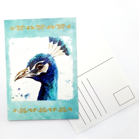 Aquarell Kunstdruck Postkarte *Pfau*