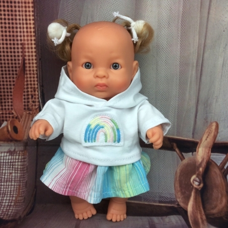 Hoodie und Rock Regenbogen passend für mini puppen 21 cm Neu