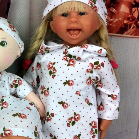 Kapuzenkleid + Mütze mit Blumen passend für Stehpuppen 30 cm Neu
