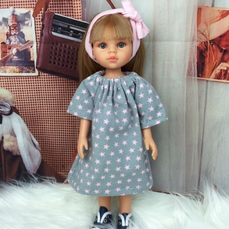 Kleid + Bandana grau rosa passend für 32cm Puppen Stehpuppen Neu