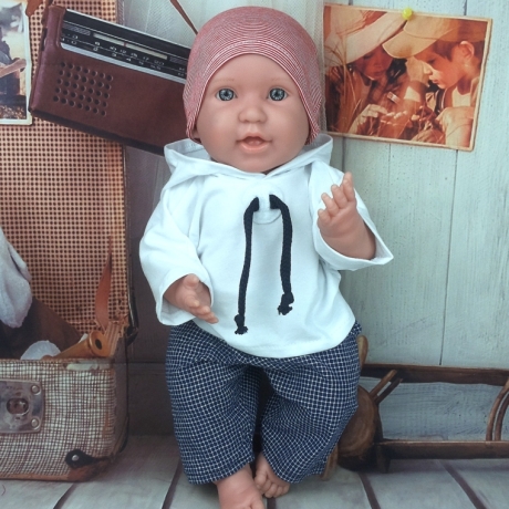 Hoodie Hose Mütze blau weiß Kleidung passend für Puppen 43 cm Neu