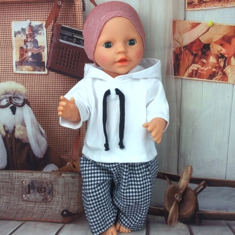 Kleidung Hoodie Hose Mütze blau weiß passend für Puppen 43 cm Neu