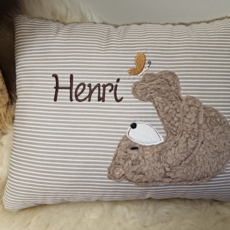 Kissen Bär Teddy Schmetterling beige Streifen & Wunschnamen W716