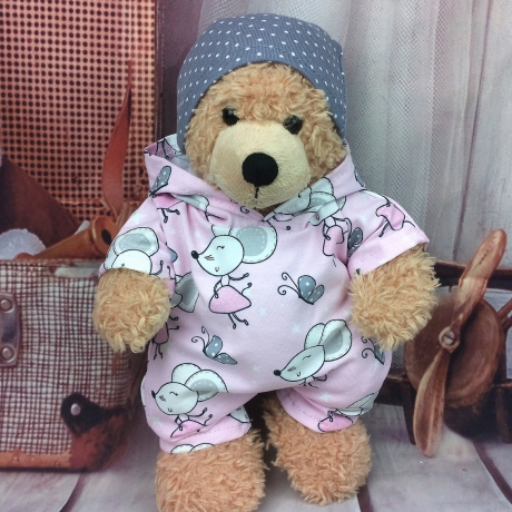 Overall und Mütze Rosa Mäuse Kleidung passend für Bären 28 cm Neu