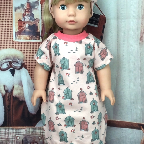 Kleid + Bandana mit Strandhütte passend für 46 cm Stehpuppen Neu