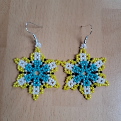 Huichol Ohrringe aus Perlen,blau/weiß/gelb,Handarbeit
