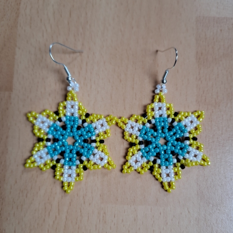 Huichol Ohrringe aus Perlen,blau/weiß/gelb,Handarbeit