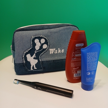 Upcycling Jeans Kulturtasche groß mit Motiv