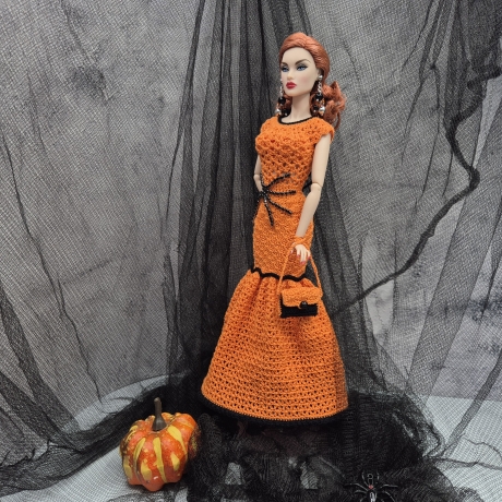 Halloween Kleid für Puppen (Barbie, Steffi), orange