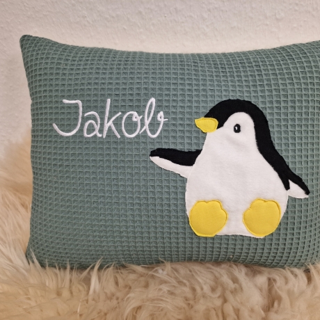 Kissen Taufkissen Pinguin Waffel dustymint & Wunschnamen W1600