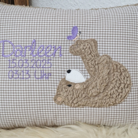 Kissen Bär Teddy Schmetterling beige Karo 5 & Wunschnamen W1595