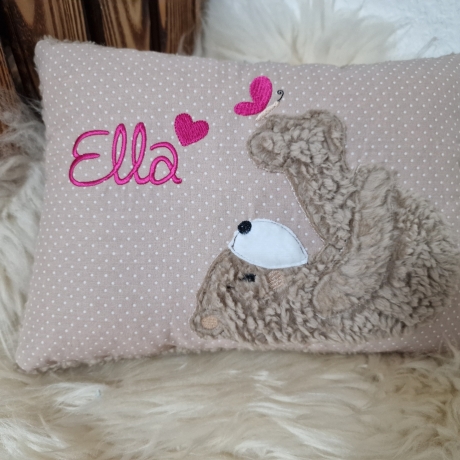 Kissen Bär Teddy Schmetterling beige Punkte pink & Namen W1587