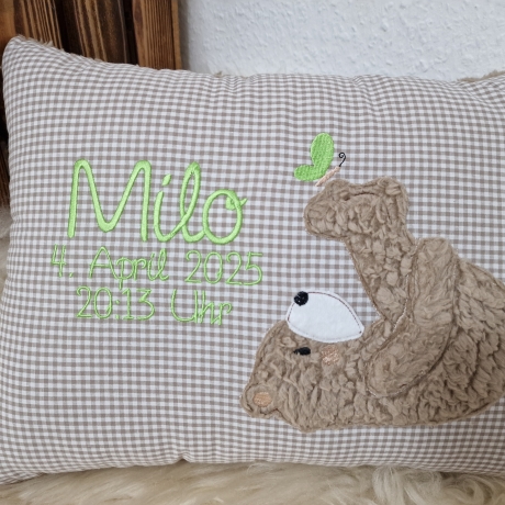 Kissen Bär Teddy Schmetterling beige Karo 4 & Wunschnamen W1594