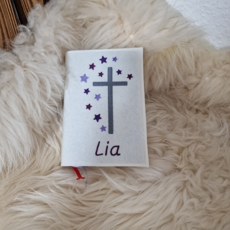 Gotteslob Gesangsbuchhülle Kreuz Sterne Wollfilz weiß Namen W1606