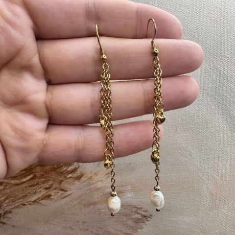 Herz Ketten-Ohrringe 8 cm gold mit AA+ Süßwasserperlen