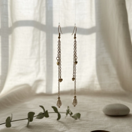 Herz Ketten-Ohrringe 8 cm gold mit AA+ Süßwasserperlen