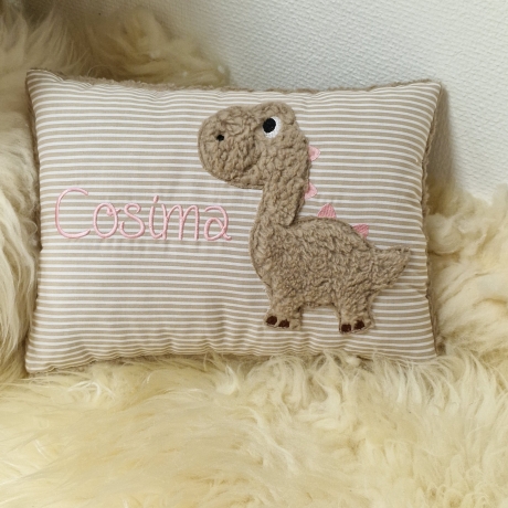 Kissen Dino Dinosaurier Streifen beige Schrift rosa W1810 