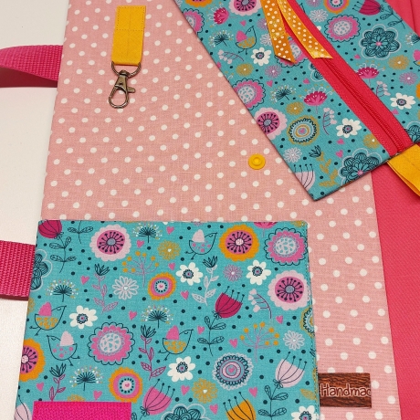 Maltasche/Zeichentasche für Kinder - Blumenwiese helltürkis/senf