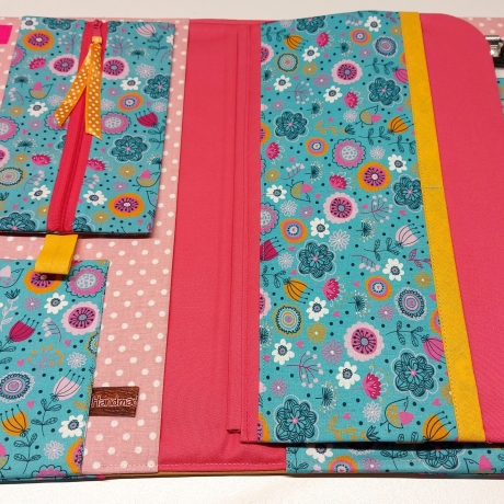 Maltasche/Zeichentasche für Kinder - Blumenwiese helltürkis/senf