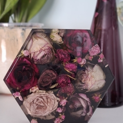 Bild/Tablett/Dekoration Hexagon echte Rosen in Epoxidharz