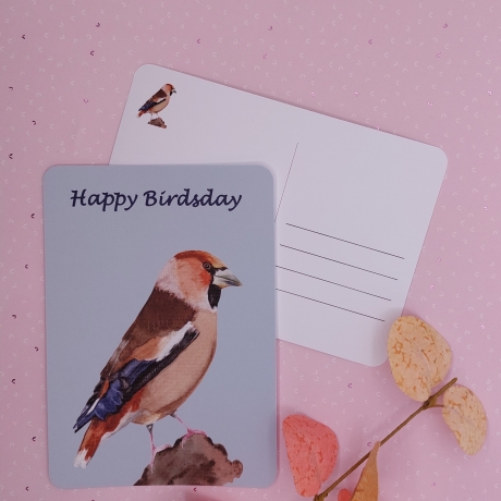 Postkarte mit Kernbeißer Happy Birdsday