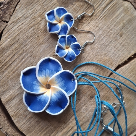 Kette und Ohrringe, Blume, blau 