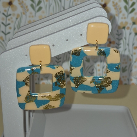 Geometrische Statement Ohrringe Türkis & Apricot mit Blattgold