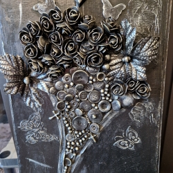 Holzbild Blumenmotiv  upcycling Handarbeit Geschenk mixedmedia