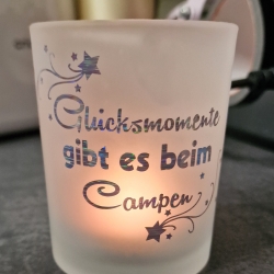 Teelichtglas  Glücksmomente gibt es beim Campen