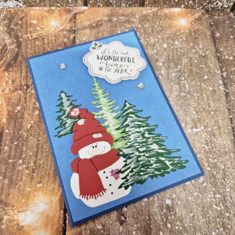 Weihnachtskarte Schneemann Tannenbäume Weihnachten