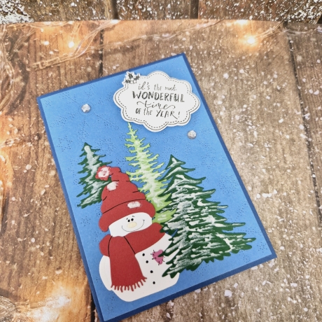 Weihnachtskarte Schneemann Tannenbäume Weihnachten