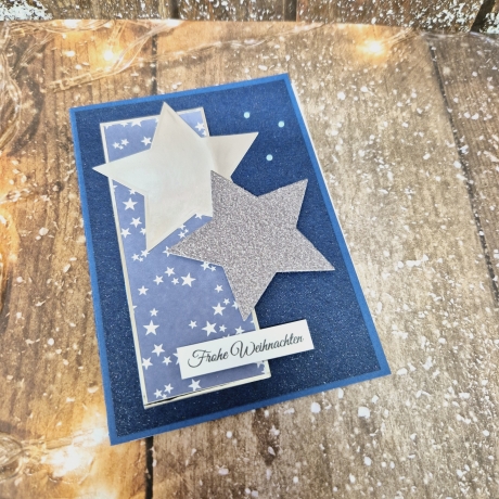 Weihnachtskarte Sterne Weihnachten blau-silber