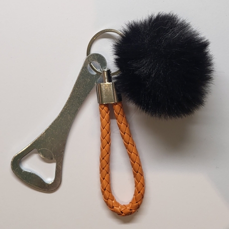 Anhänger mit Edelstahl Flaschenöffner, Puschel und Schlaufe
