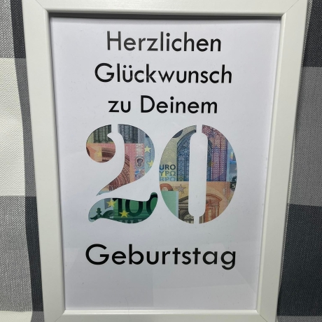 Geldgeschenk Bilderrahmen 20. Geburtstag personalisierbar DIN A4