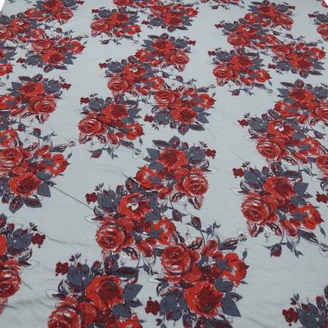 Stoff Viskose Jersey mit Blumen Rosen Design hellgrau grau rot