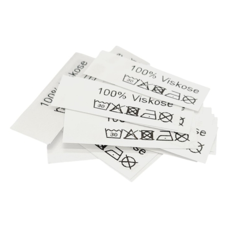 50 Textiletiketten mit Pflegehinweisen 15x40 mm, 100% Viskose 1P.