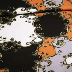 Stoff Viskose Jersey Ornamente schwarz grau weiß orange beige