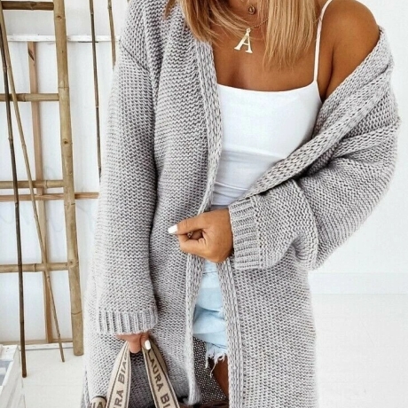 Oversize Strickmantel lang Strickjacke Cardigan in Hellgrau S M L