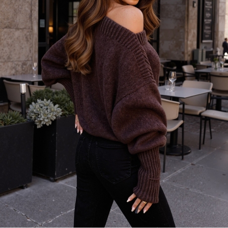 Off Shoulder oversize Strickpullover schulterfrei braun S M L XL