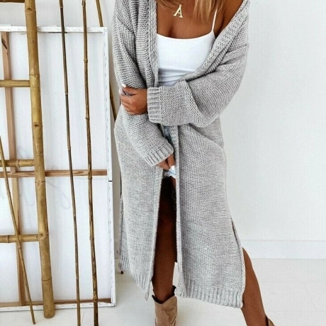 Oversize Strickmantel lang Strickjacke Cardigan in Hellgrau S M L