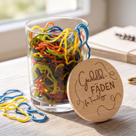 Geduldsfäden - Glas mit Deckel aus Buchenholz personalisierbar