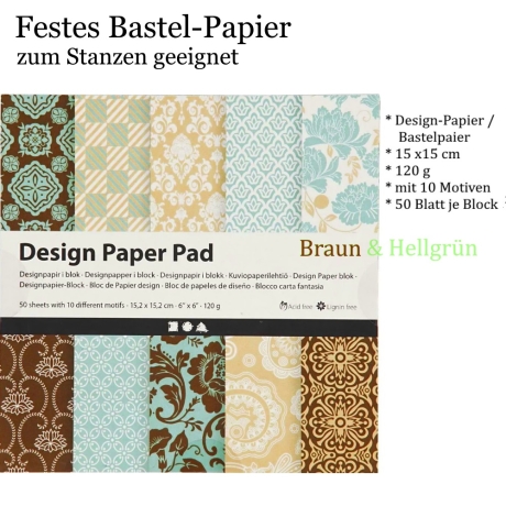 Bastel-Papier Papier Hellgrün braun 15x15 cm 50 Bl.10 Motive 120g