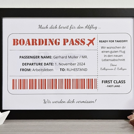 personalisiertes Geldgeschenk - Borading Pass - zur Rente