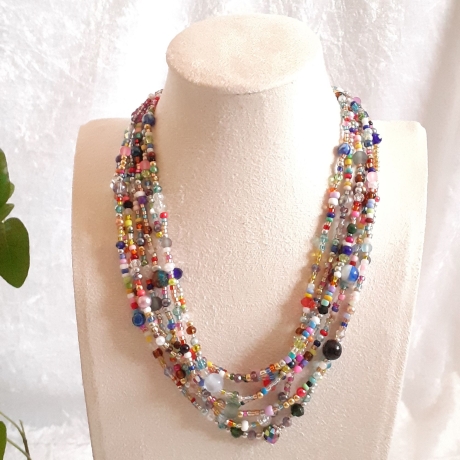Mehrstrang-Kette mit 7 Stängen Perlen-Kette bunte Kurzkette